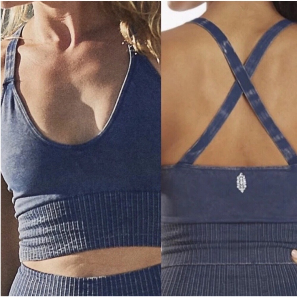 Free People Good Karma Blue Ribbed Cut Out Crop Tank Top